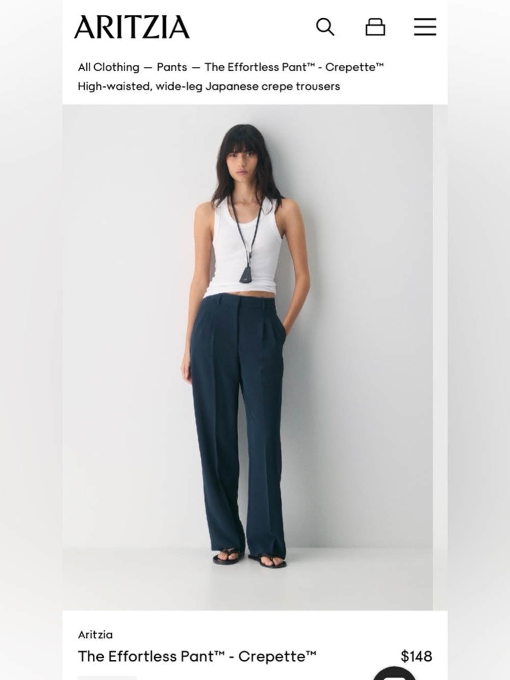 Aritzia High-Waisted Wide-Leg Trousers in Navy, 12 Tall